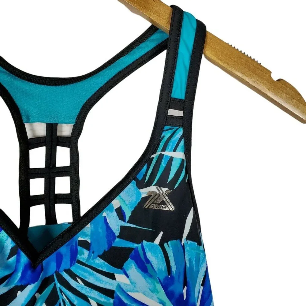 ZeroXposur Racerback Action Tankini Swimsuit Top Blue Palm UPF 50+ Sz Small NEW